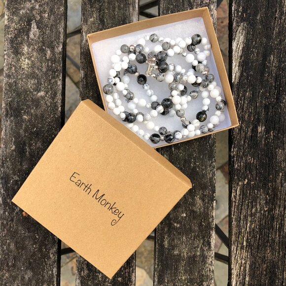 Two-strand natural stone & sterling silver beaded necklace (white/grey) - Picture 6 of 9